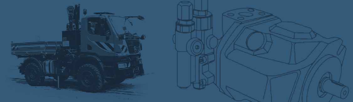 Unimog-Sonderfahrzeug mit Ladekran vor einer Hydraulikpumpen-Zeichnung